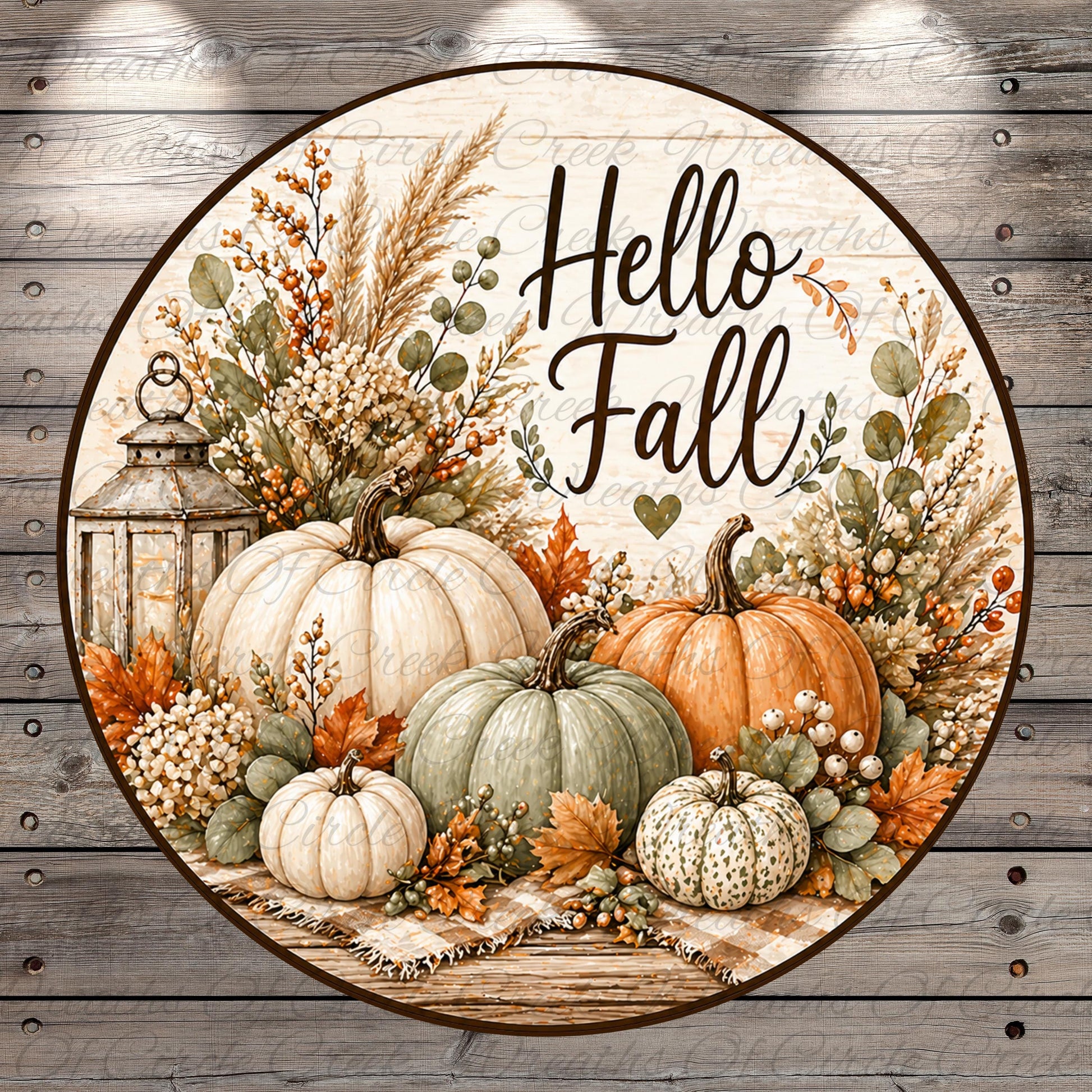 A circular arrangement of pumpkins, leaves, and other fall-themed decorations, with the text "Hello Fall" prominently displayed.