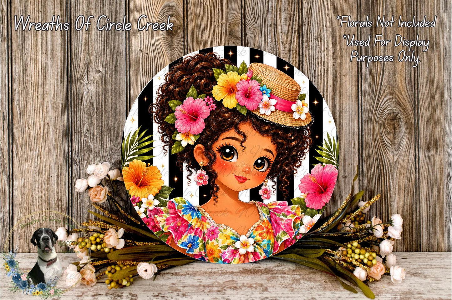 A decorative wreath featuring a colorful illustration of a young girl with curly hair and a flower crown, surrounded by a variety of flowers and foliage.