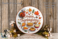 A Thanksgiving-themed wreath with a turkey, autumn leaves, pies, and other fall-themed items, surrounded by flowers and placed on a wooden surface.