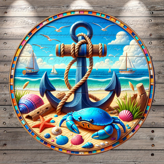 A colorful and detailed illustration of a nautical scene, featuring a large anchor, a blue crab, a sailboat, and various marine elements such as shells and starfish, all set against a backdrop of a beach and ocean.