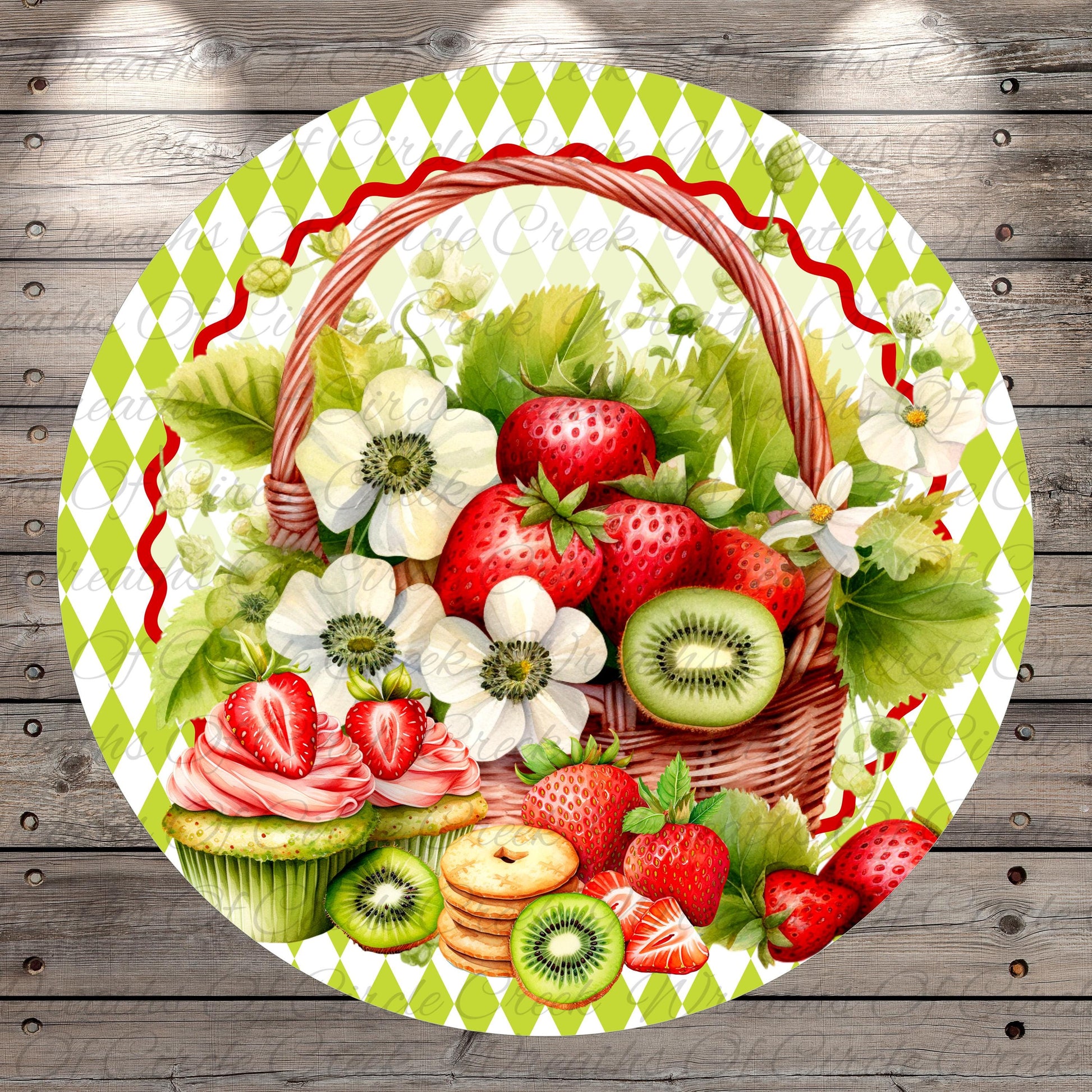 A vibrant and colorful illustration of a basket filled with fresh fruits, including strawberries, kiwi, and other berries, along with a variety of baked goods such as cupcakes and cookies.