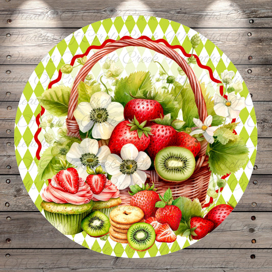 A vibrant and colorful illustration of a basket filled with fresh fruits, including strawberries, kiwi, and other berries, along with a variety of baked goods such as cupcakes and cookies.