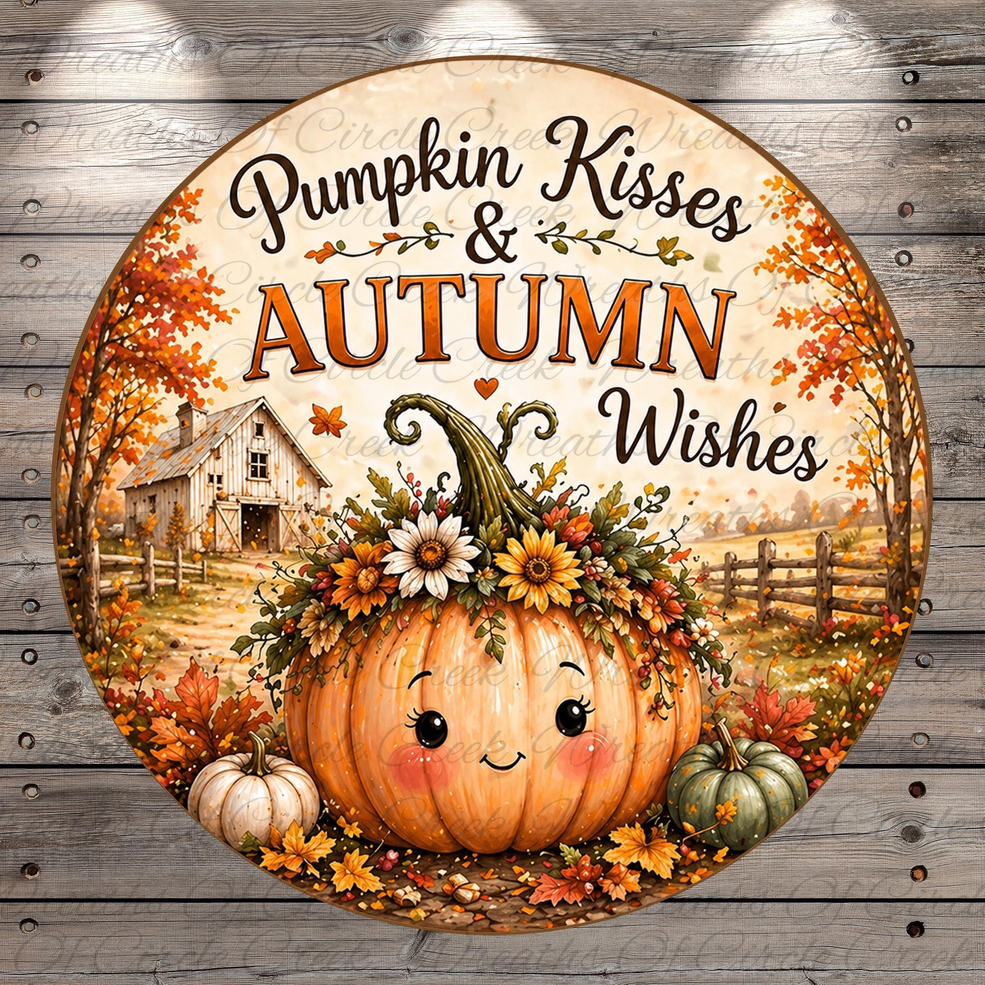 A round pumpkin decoration with a smiling face, surrounded by autumn elements such as flowers, leaves, and a barn in the background. The text "Pumpkin Kisses & Autumn Wishes" is displayed above the pumpkin.