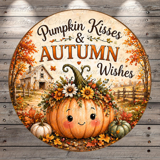 A round pumpkin decoration with a smiling face, surrounded by autumn elements such as flowers, leaves, and a barn in the background. The text "Pumpkin Kisses & Autumn Wishes" is displayed above the pumpkin.