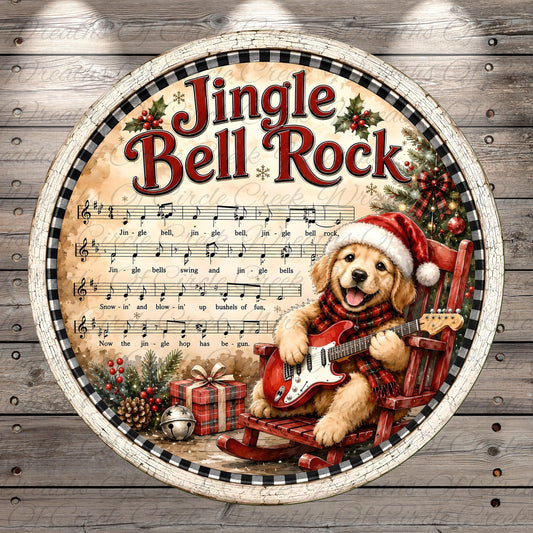 A circular image featuring a golden retriever dog wearing a Santa hat and playing a guitar, surrounded by Christmas decorations and sheet music.