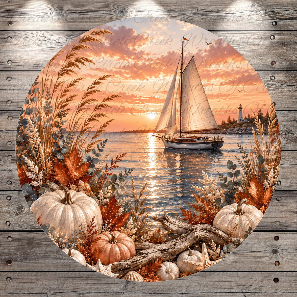 A sailboat on the water at sunset, surrounded by autumn foliage and pumpkins, with a lighthouse in the distance.