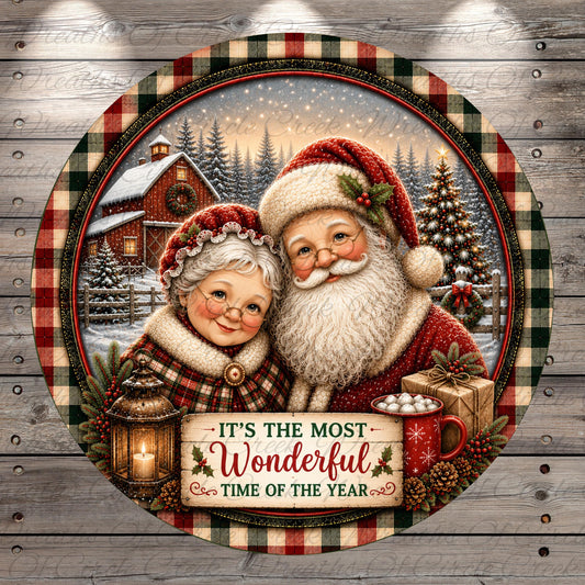 Santa Claus and an elderly woman are depicted in a festive winter scene, surrounded by holiday decorations and a sign that reads "It's the most Wonderful Time of the Year".