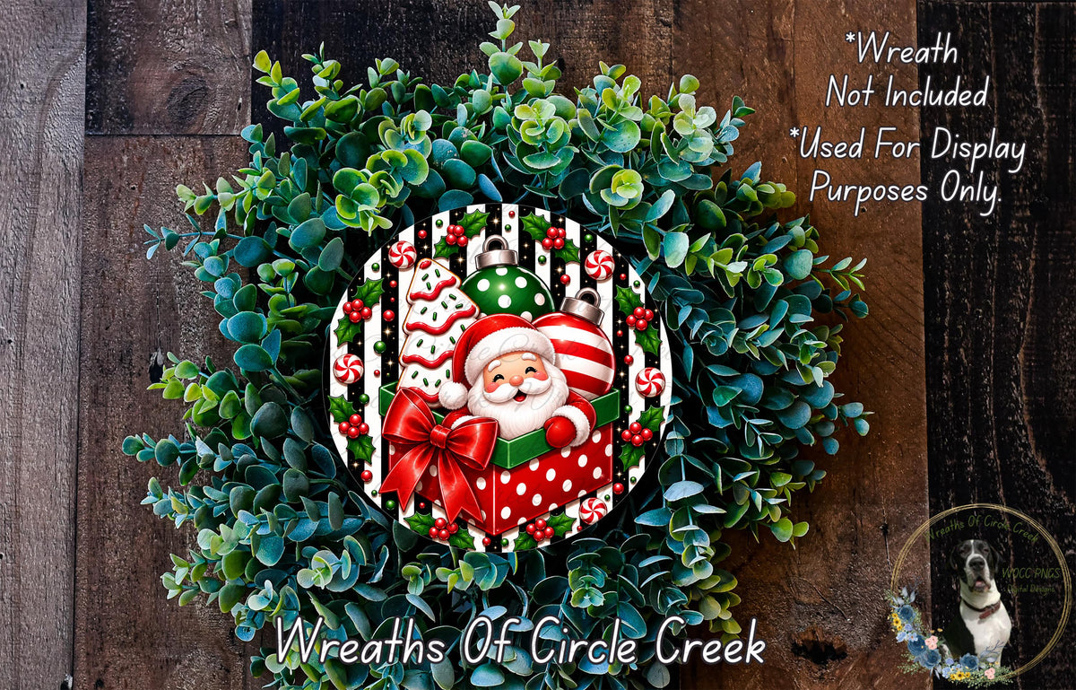 A wreath made of green leaves and a Santa Claus figure, with a text overlay that reads "Wreath Not Included * Used For Display Purposes Only" and "Wreaths of Circle Creek".
