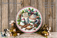 A decorative wreath with various holiday-themed items, including a snowman, a mug of hot chocolate, and a cookie, surrounded by pine cones, flowers, and other festive decorations.