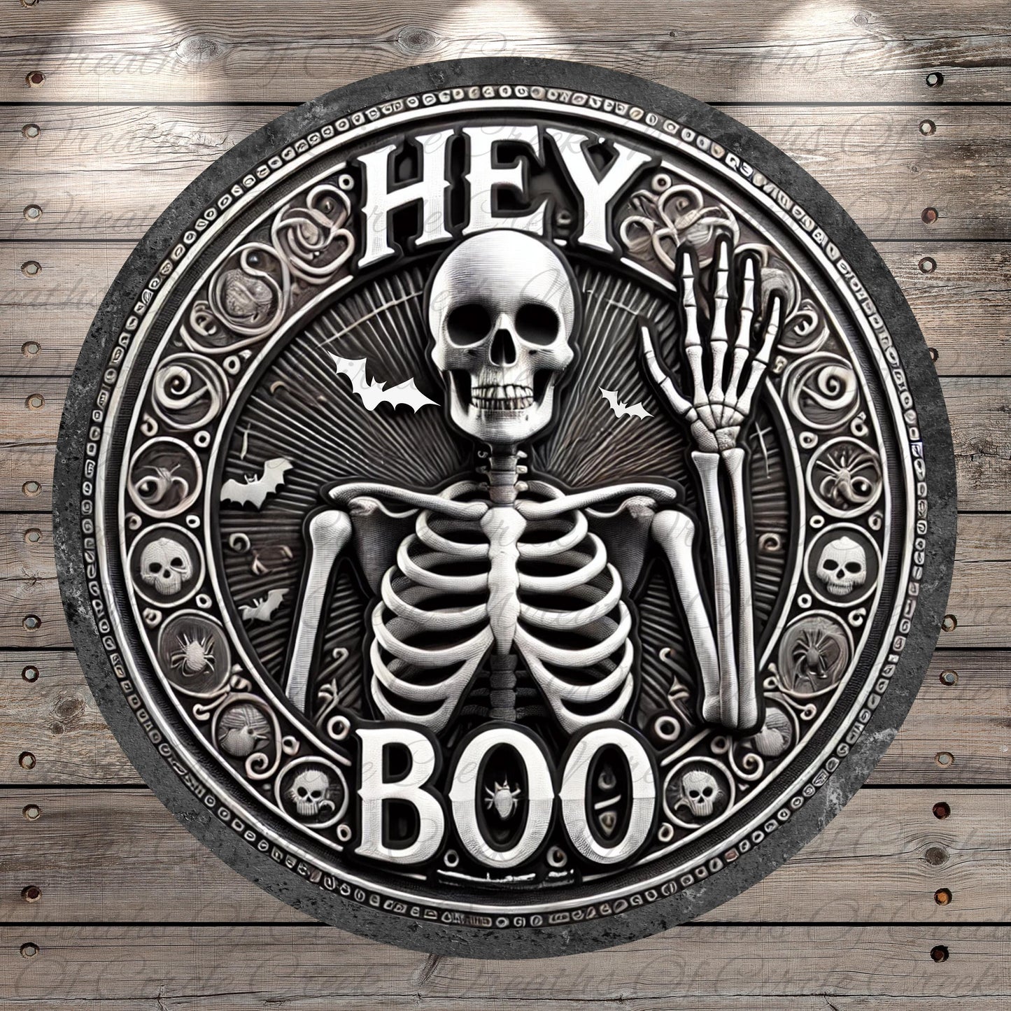 a clock with a skeleton on it that says hey boo