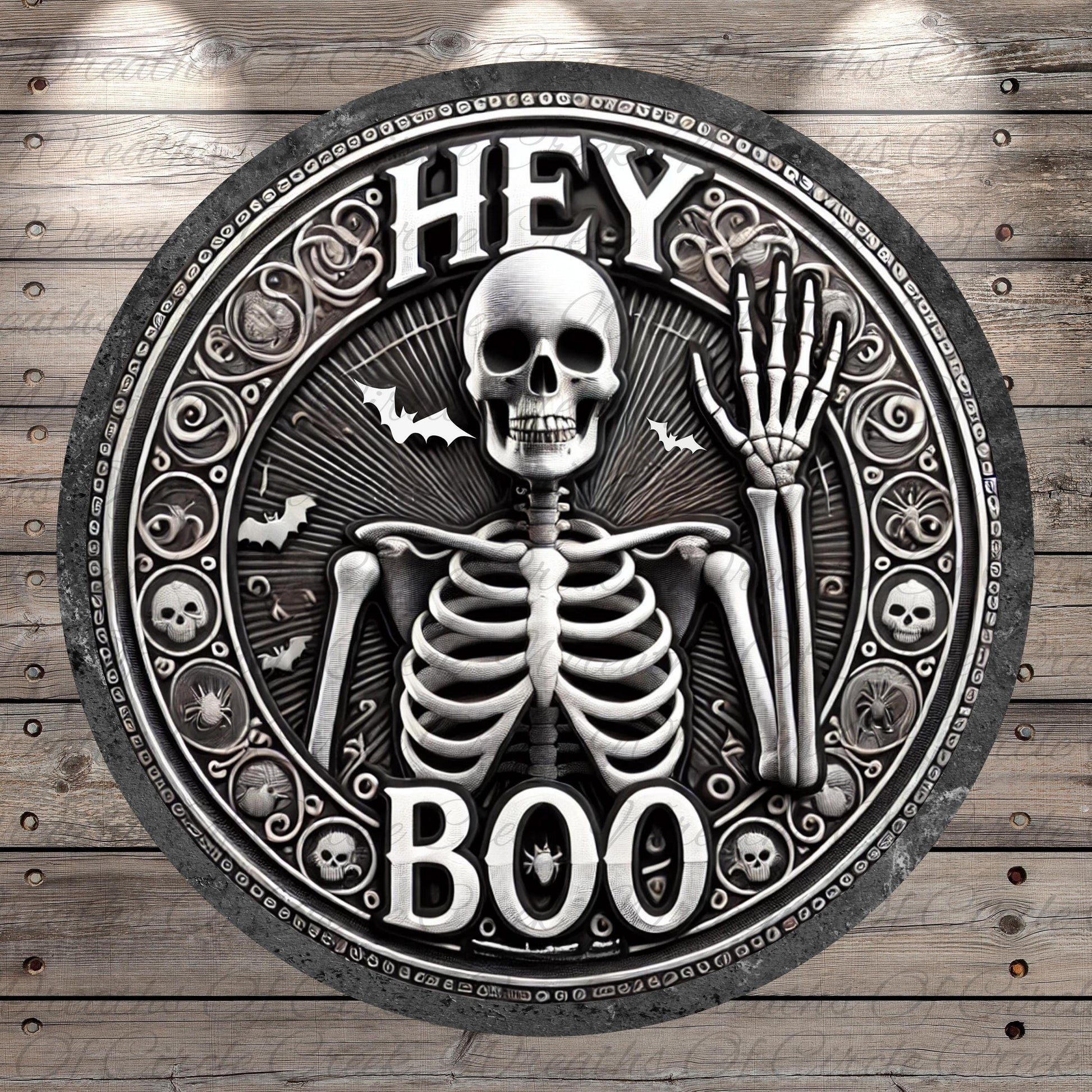 a clock with a skeleton on it that says hey boo