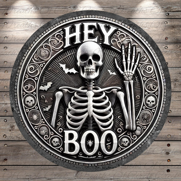 a clock with a skeleton on it that says hey boo