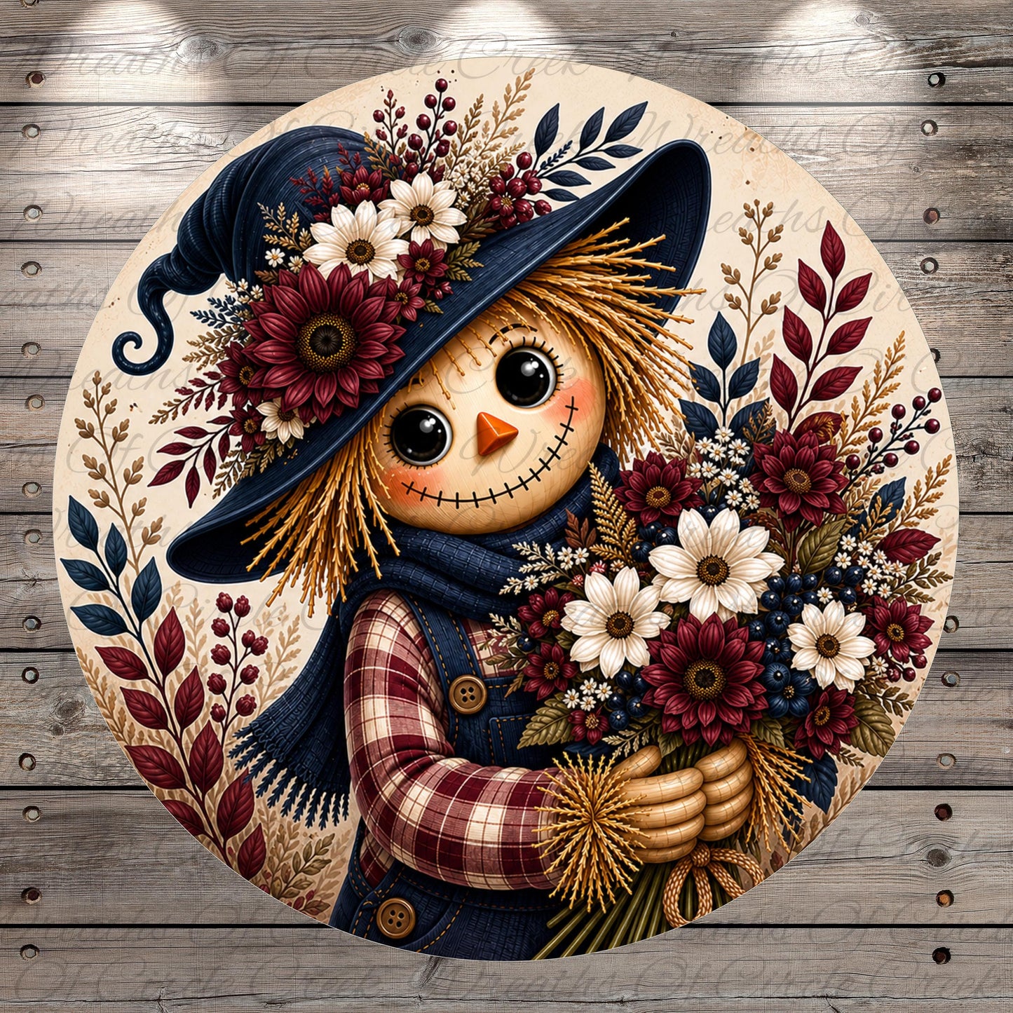 A round illustration of a scarecrow holding a bouquet of flowers, with a floral pattern and a whimsical expression.
