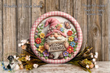 A decorative wreath with a gnome holding a sign that says "Welcome Friends" surrounded by colorful flowers and greenery.