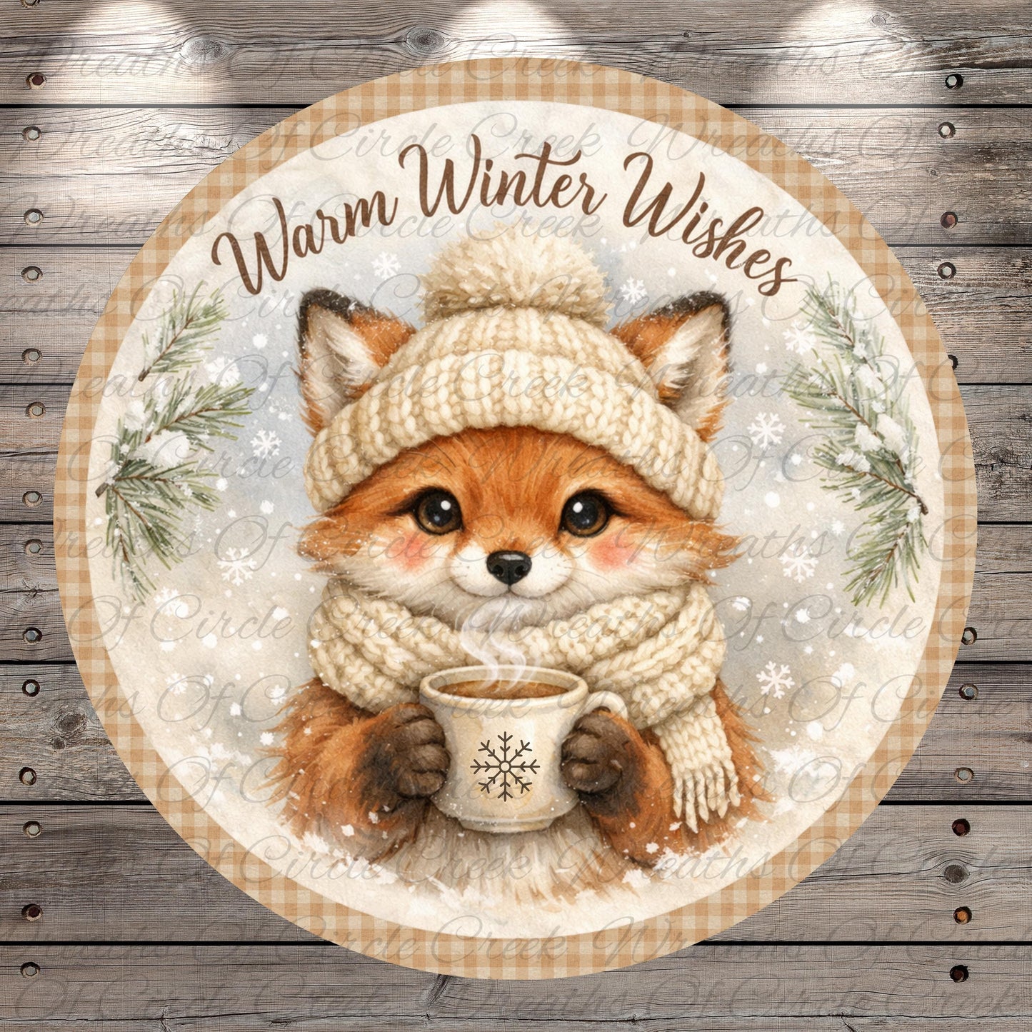 A cozy scene featuring a fox wearing a winter hat and scarf, holding a cup of hot chocolate, with snowflakes and pine branches surrounding it.