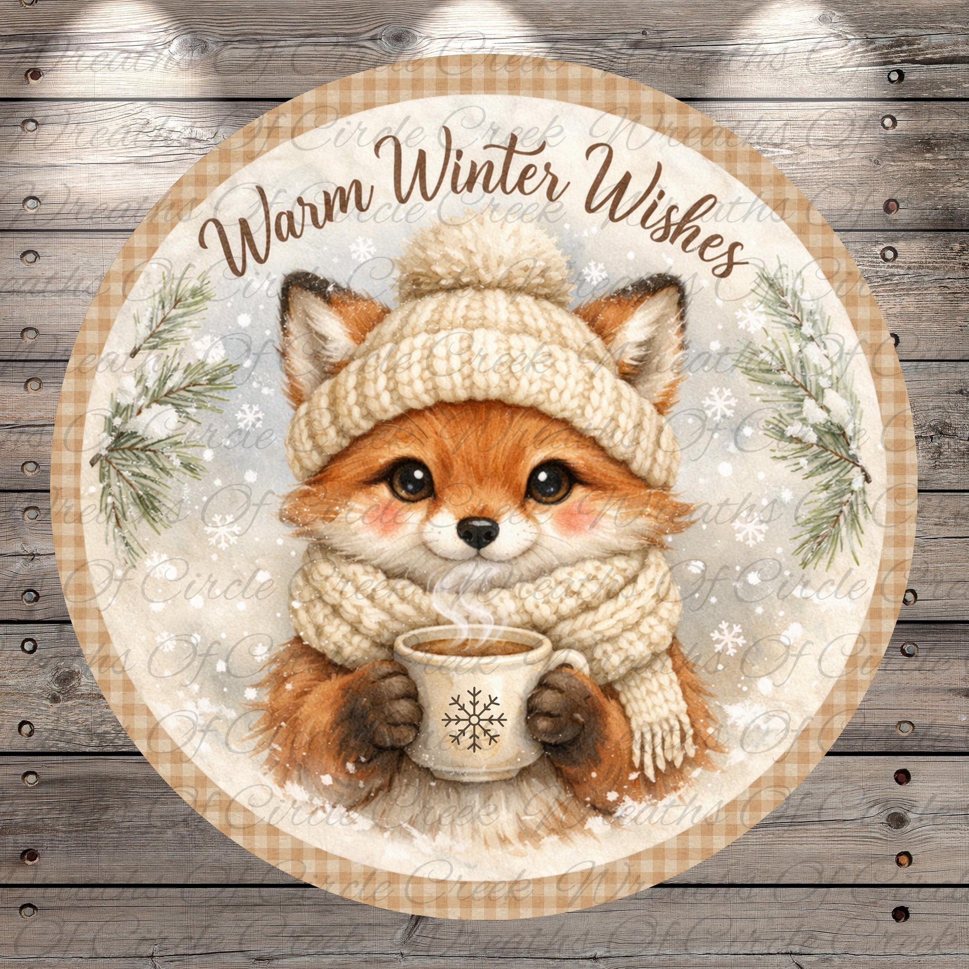 A cozy scene featuring a fox wearing a winter hat and scarf, holding a cup of hot chocolate, with snowflakes and pine branches surrounding it.