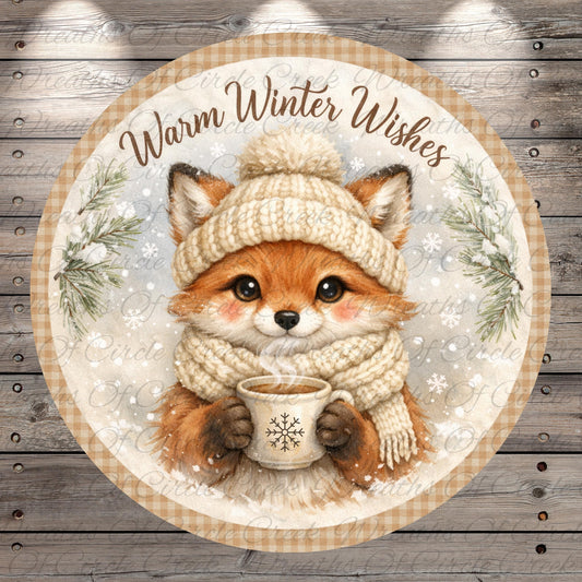 A cozy scene featuring a fox wearing a winter hat and scarf, holding a cup of hot chocolate, with snowflakes and pine branches surrounding it.