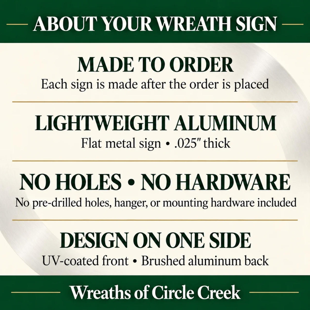 The image is a collage of four images, each depicting a different aspect of a wreath. The images show the front, back, and sides of the wreath, as well as the design and materials used. The collage is titled "ABOUT YOUR WREATH SIGN" and includes information about the wreath sign, such as its lightweight aluminum construction, no holes, no hardware, and the design on one side.