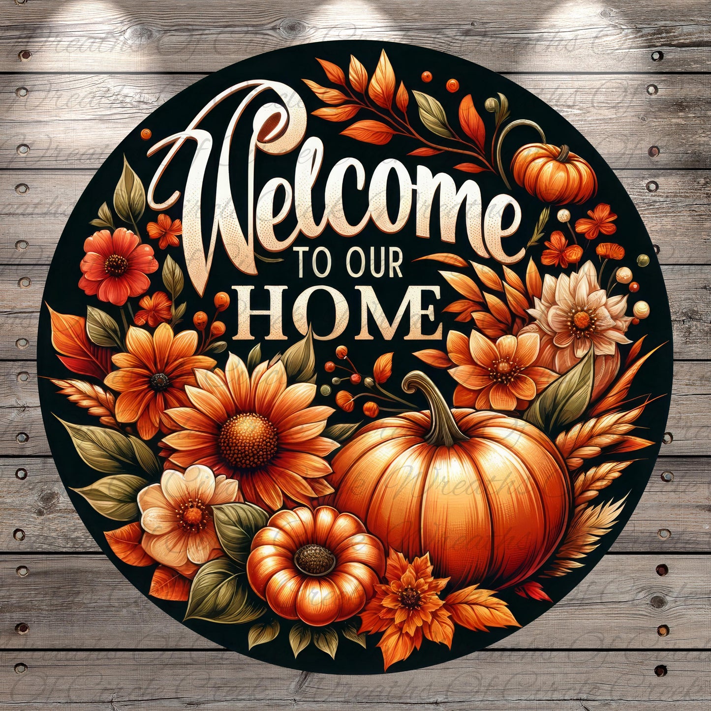 A circular sign with a black background featuring a vibrant autumnal design with flowers, pumpkins, and leaves. The text "Welcome to our Home" is prominently displayed in the center of the sign.