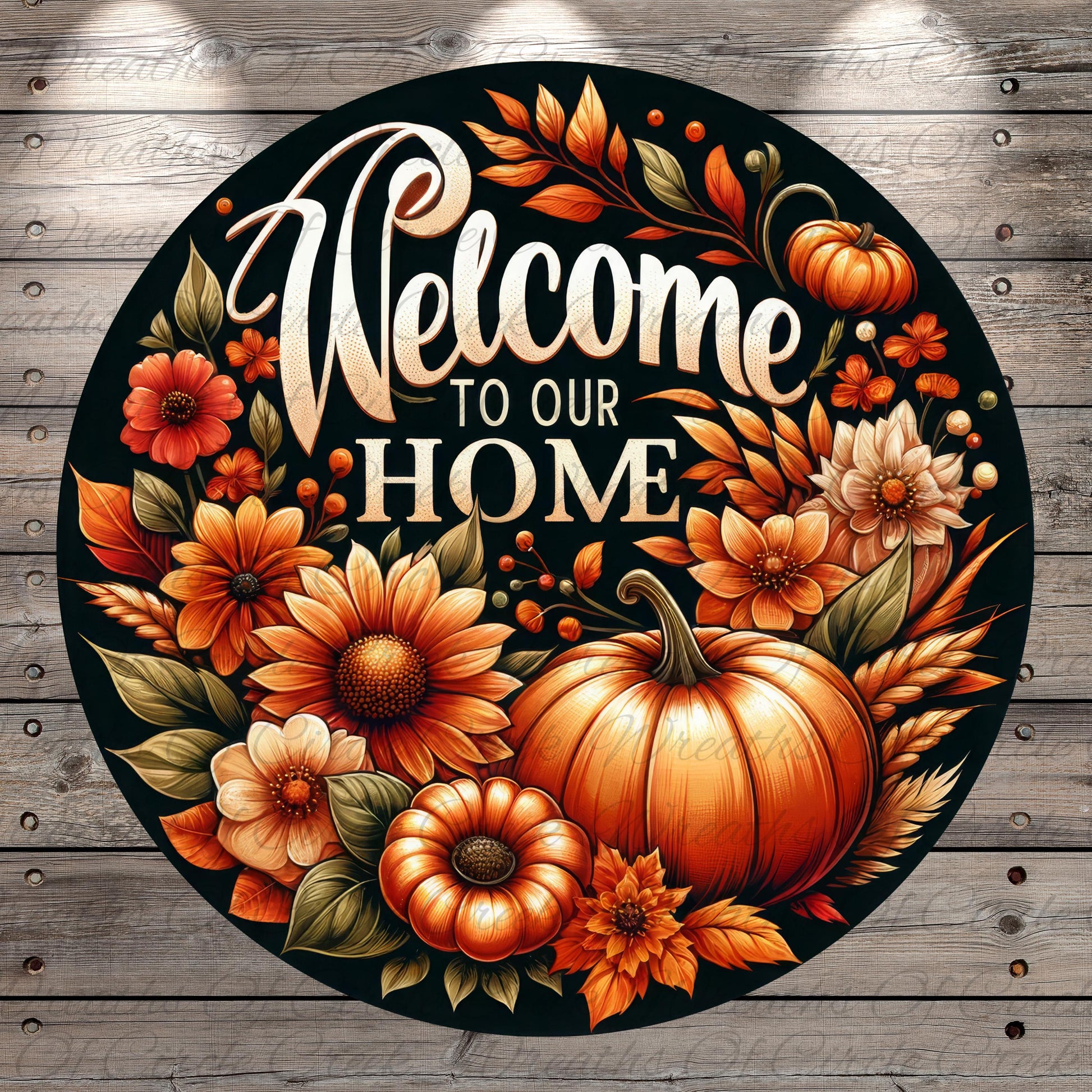 A circular sign with a black background featuring a vibrant autumnal design with flowers, pumpkins, and leaves. The text "Welcome to our Home" is prominently displayed in the center of the sign.