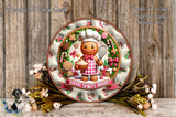 A decorative plate featuring a gingerbread man holding a bowl of cookies, surrounded by various holiday-themed elements such as gingerbread houses, candy canes, and flowers.