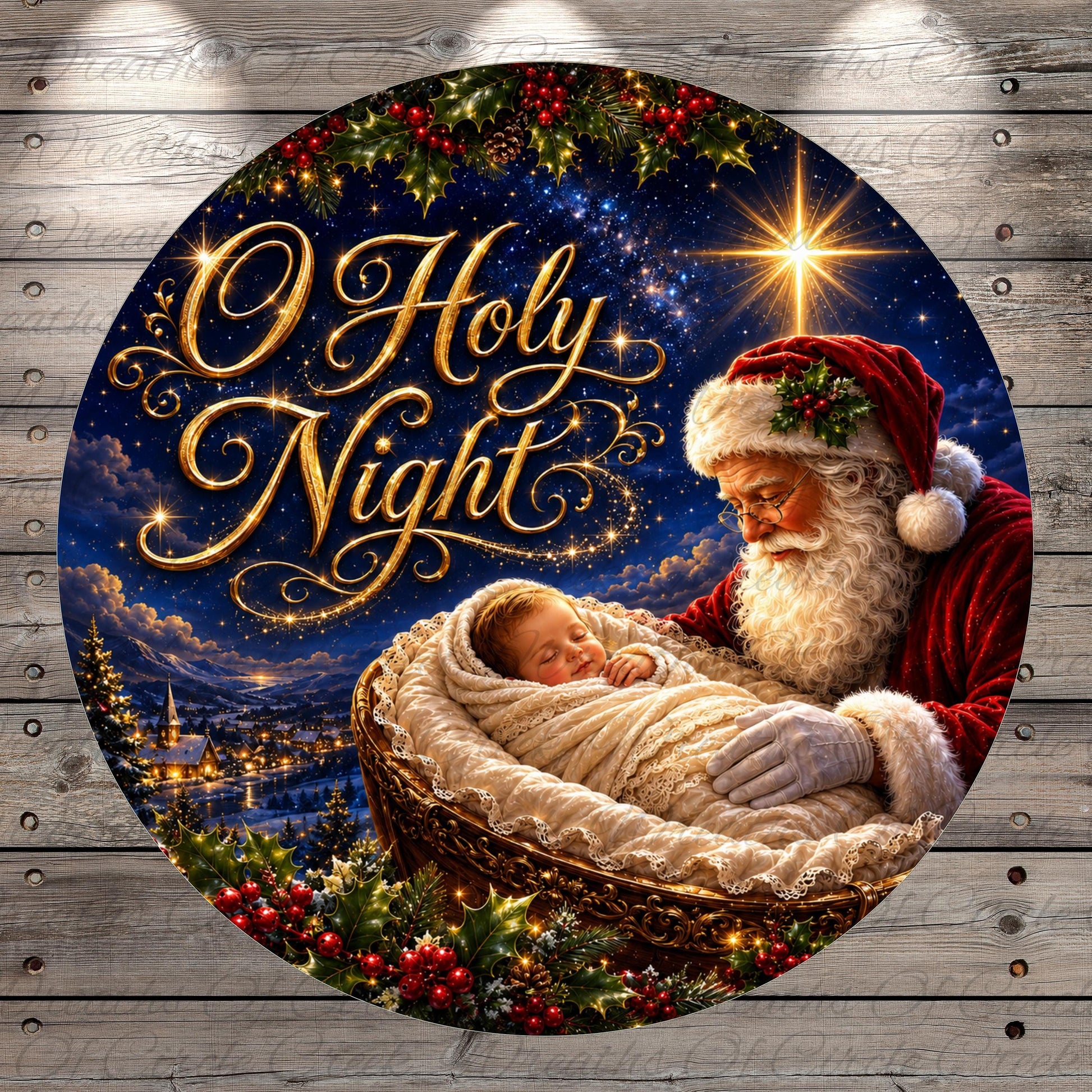 Santa Claus holding a baby in a basket, with a starry night sky and holiday decorations in the background.