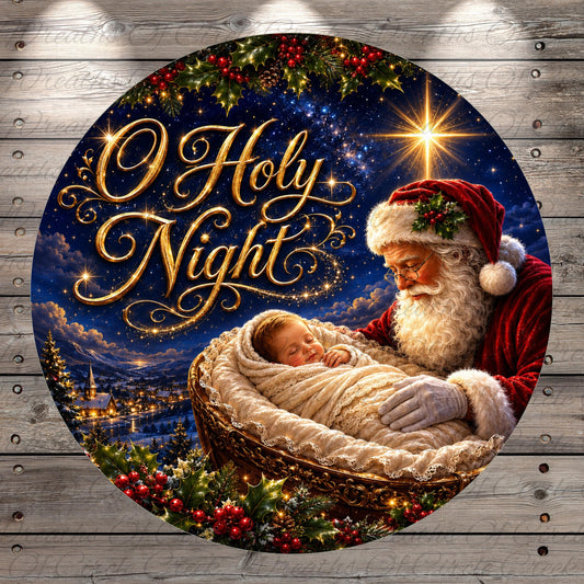 Santa Claus holding a baby in a basket, with a starry night sky and holiday decorations in the background.
