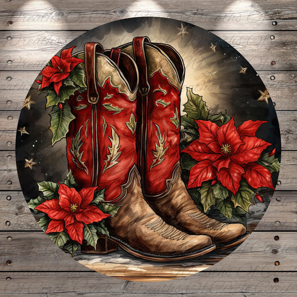 A pair of red cowboy boots with decorative details, surrounded by red poinsettia flowers and greenery, set against a wooden background with stars.