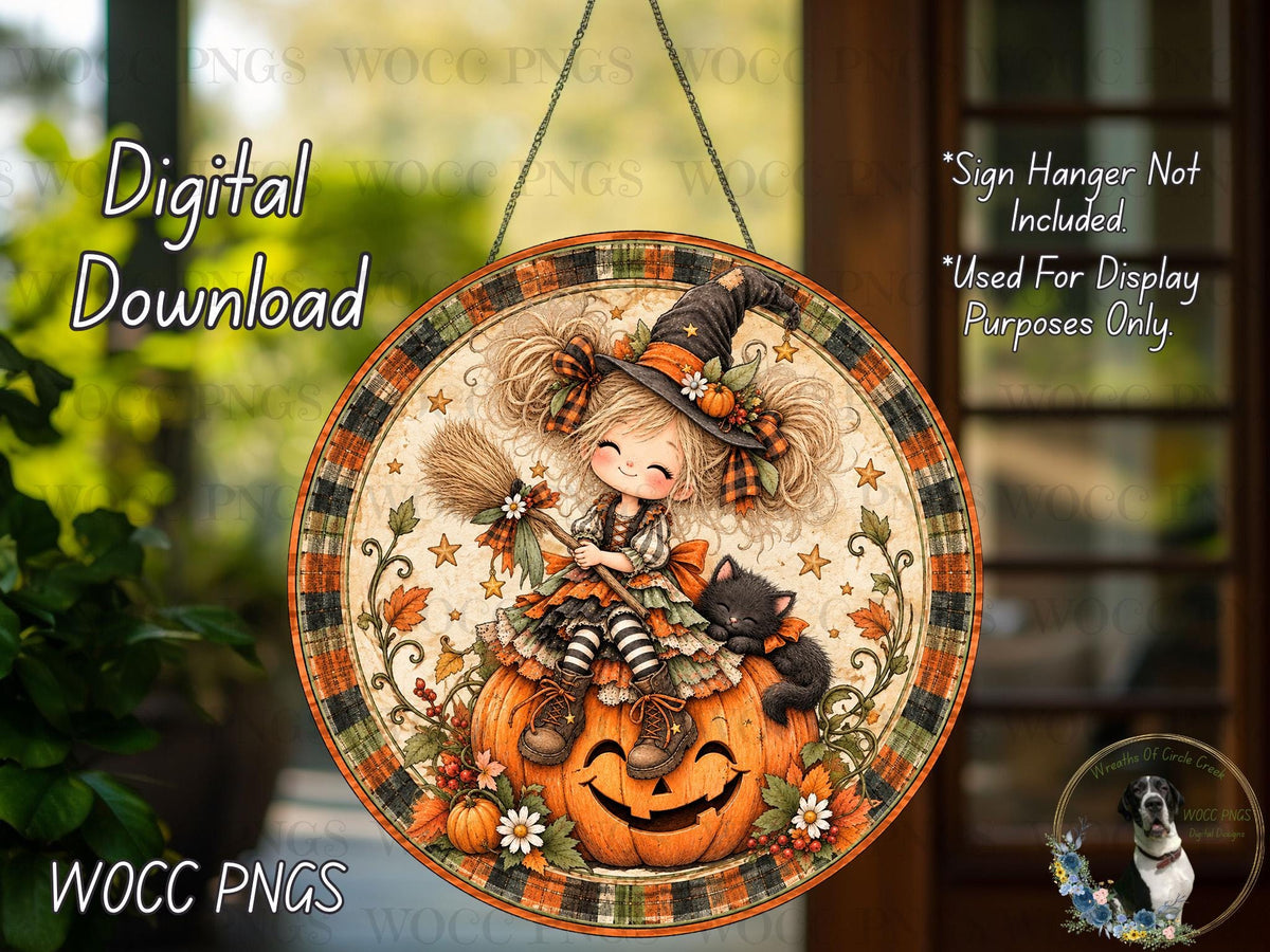 The image is a digital download of a Halloween-themed sign featuring a young girl in a witch's hat sitting on a carved pumpkin with a cat, surrounded by autumn leaves and flowers.