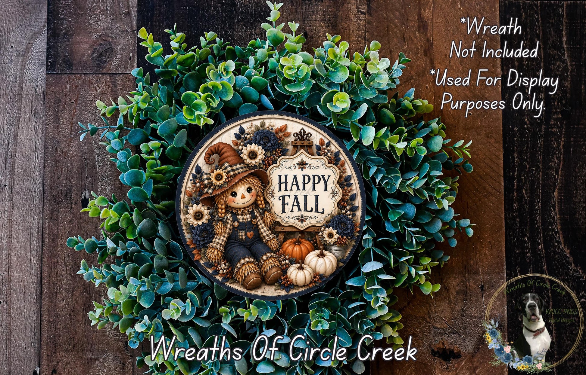 a wreath with a scarecrow and fall-themed decorations, including pumpkins and a "Happy Fall" sign.