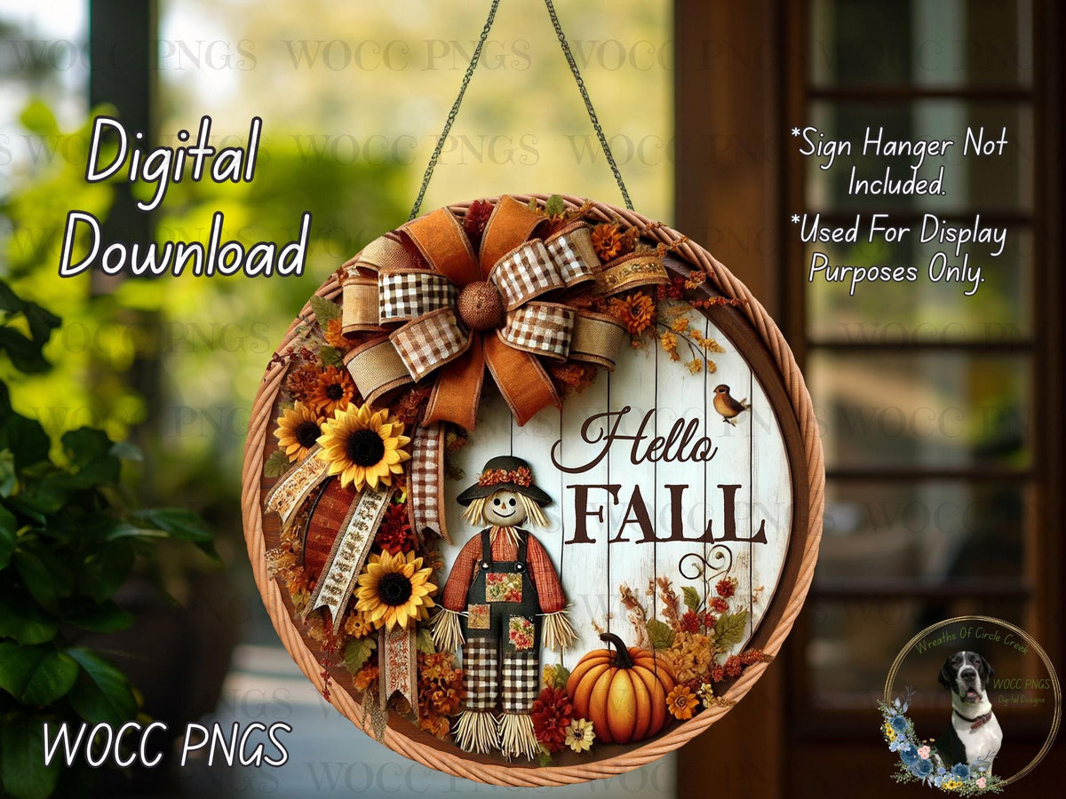 a wooden sign with a scarecrow and sunflowers on it