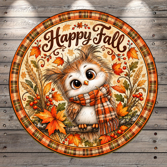 A circular plaid-edged design featuring a cartoon owl wearing a scarf and surrounded by autumn leaves and berries. The text "Happy Fall" is written above the owl.