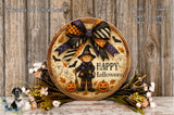 a wooden plaque with a happy halloween decoration