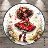 A whimsical illustration of a young girl with curly hair wearing a red and black dress with a large flower on it, surrounded by a garden with flowers, butterflies, and ladybugs.