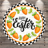 A round Easter-themed decoration with a black and white checkered border, surrounded by orange carrots and green leaves. The text "Happy Easter" is written in a decorative font.