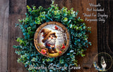 A wreath made of green plants and featuring a gnome wearing a hat and holding a bird. The text above the wreath says "Wreath Not Included * Used For Display Purposes Only".