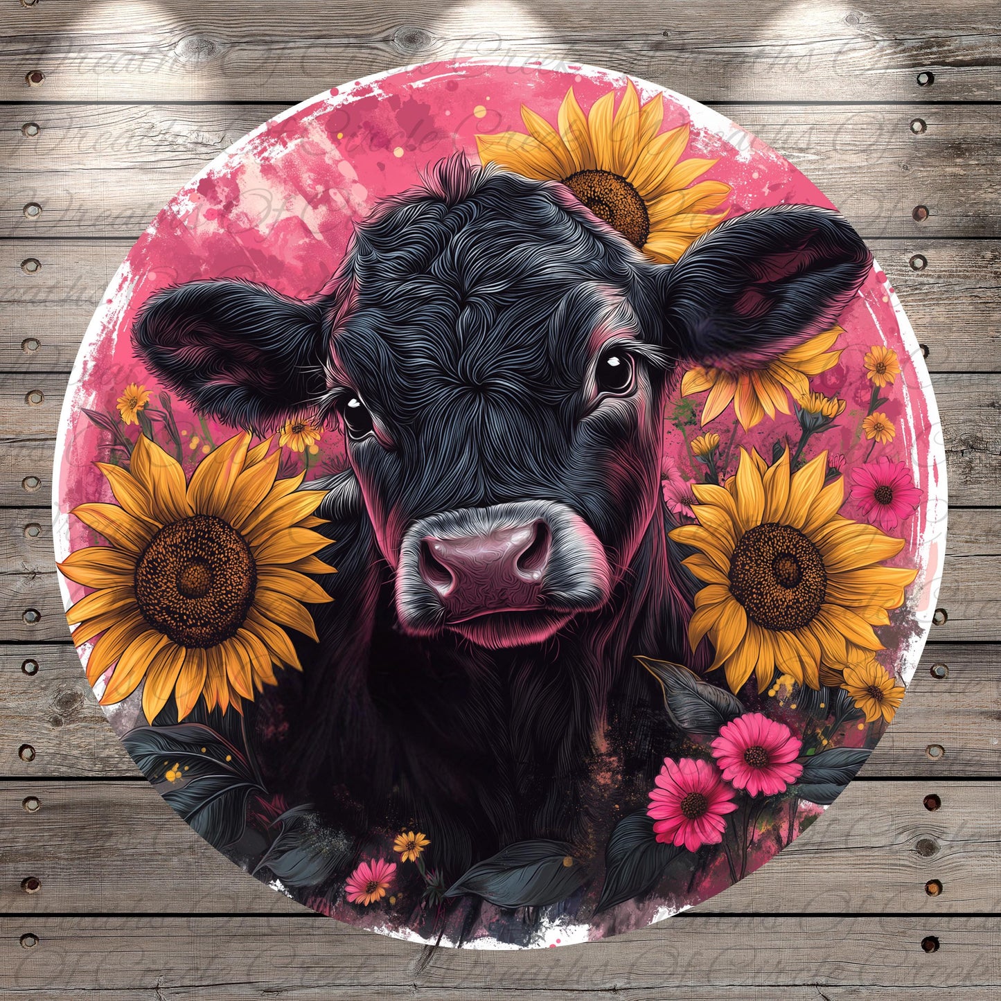 a painting of a cow surrounded by sunflowers