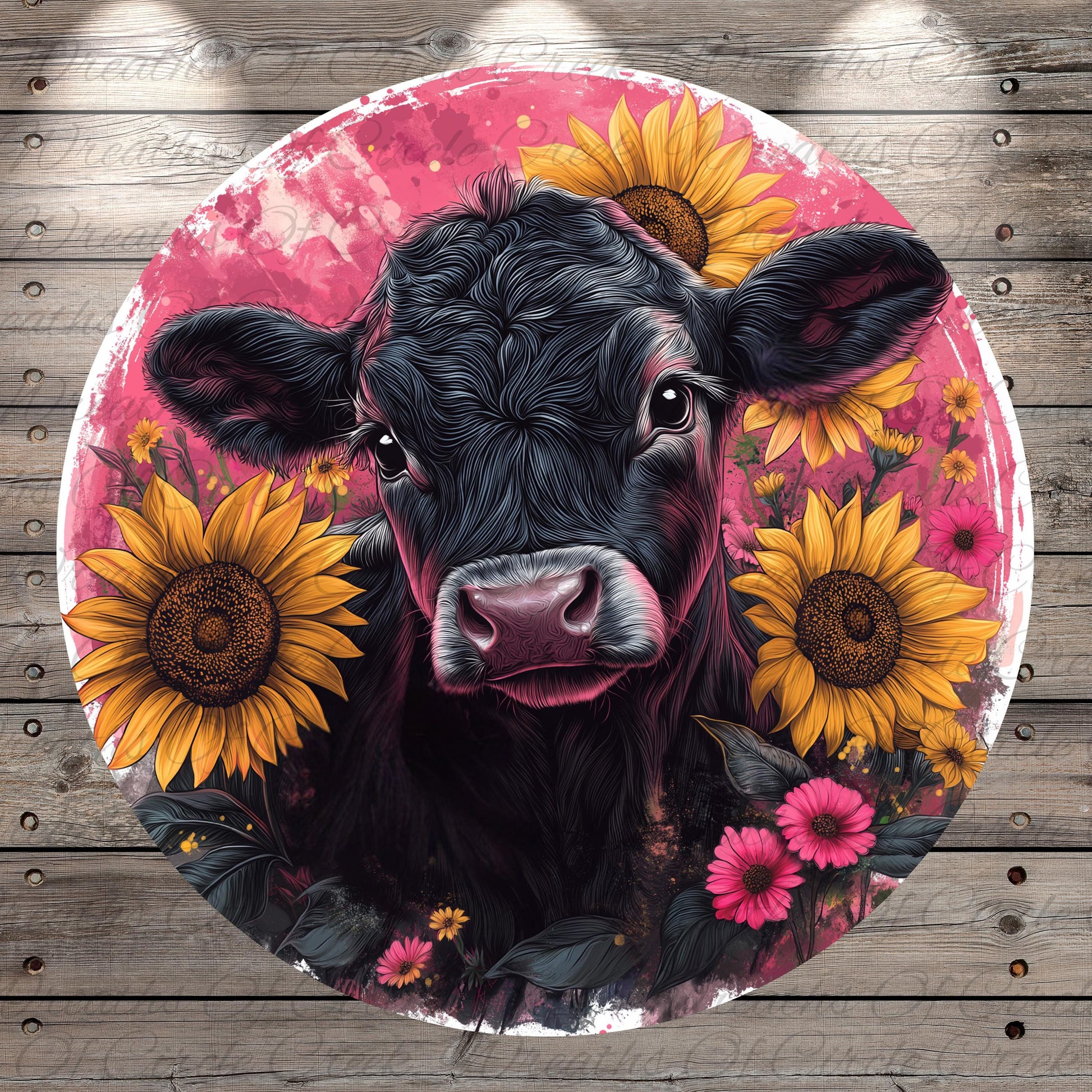 a painting of a cow surrounded by sunflowers