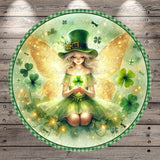 A digital illustration of a fairy with a green hat and dress, surrounded by shamrocks, flowers, and butterflies.