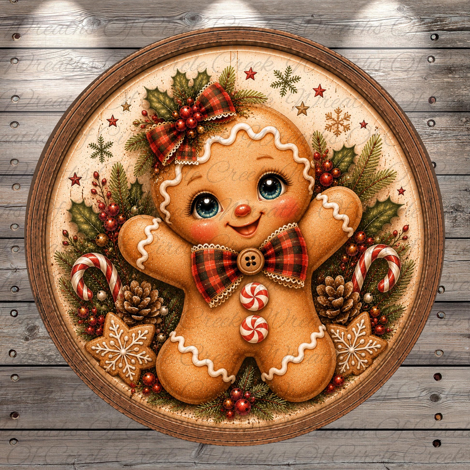 A round wooden plaque featuring a smiling gingerbread man surrounded by Christmas decorations, including pine cones, candy canes, and berries.