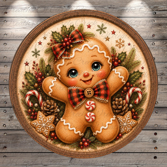 A round wooden plaque featuring a smiling gingerbread man surrounded by Christmas decorations, including pine cones, candy canes, and berries.