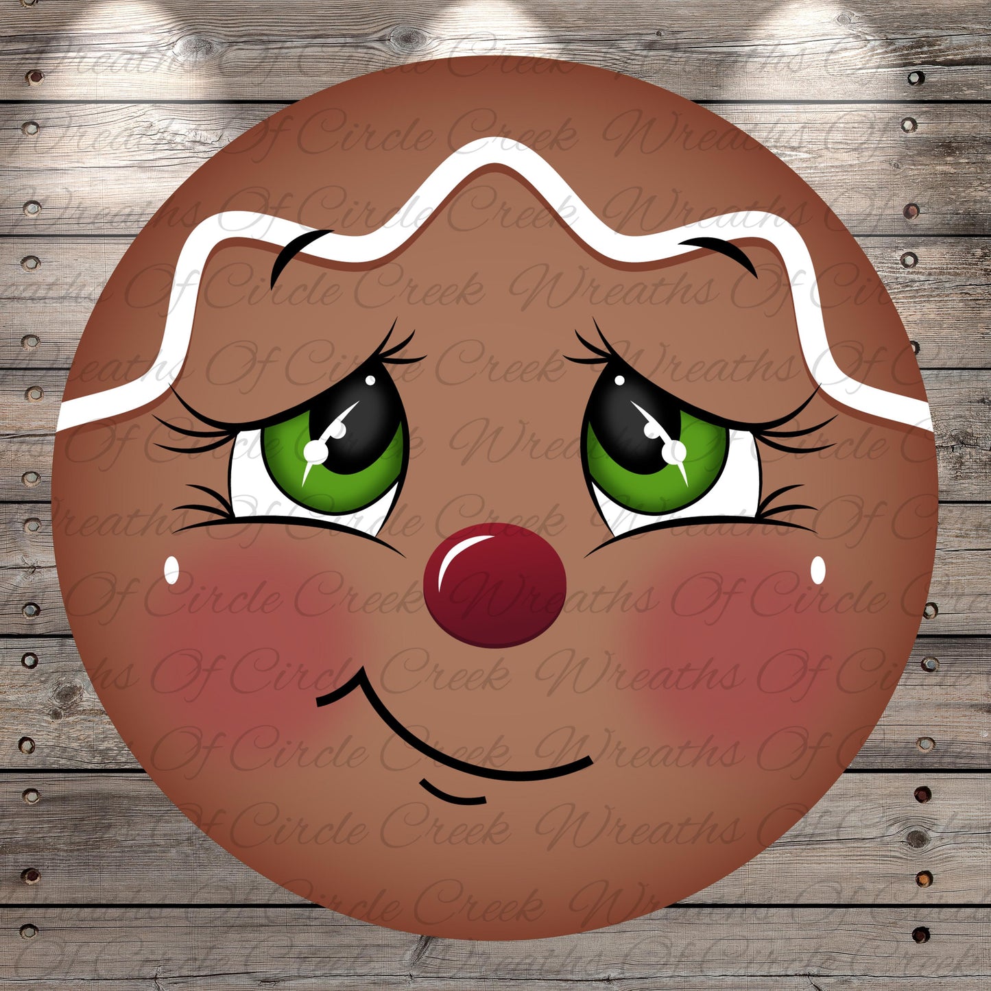 A close-up of a gingerbread man's face with large eyes, a red nose, and a smile, set against a wooden background.