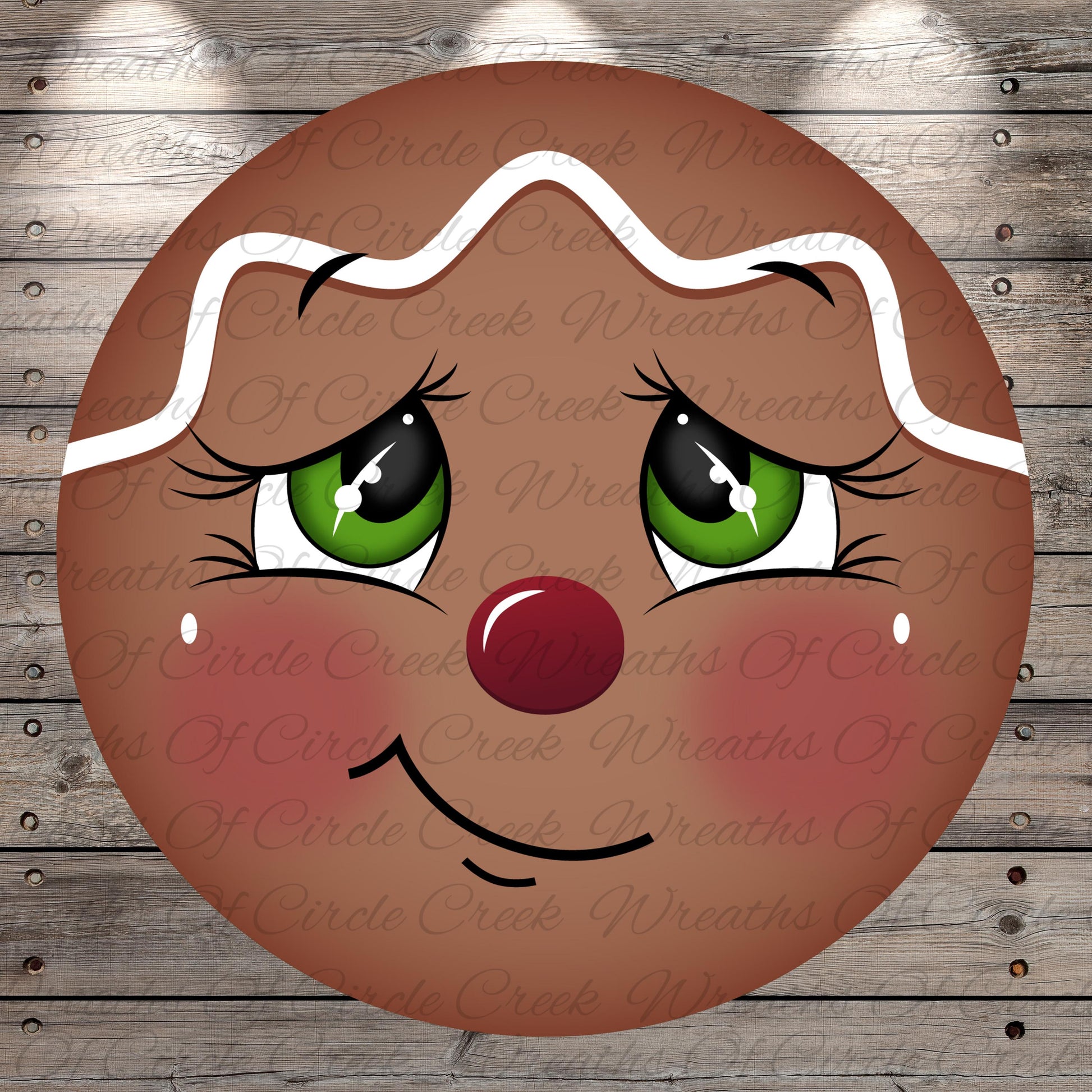 A close-up of a gingerbread man's face with large eyes, a red nose, and a smile, set against a wooden background.