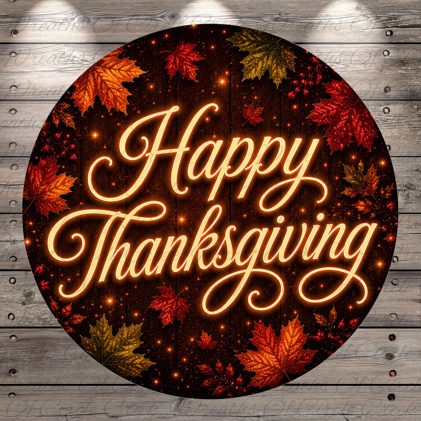 A circular graphic with the text "Happy Thanksgiving" surrounded by autumn leaves and a starry background.