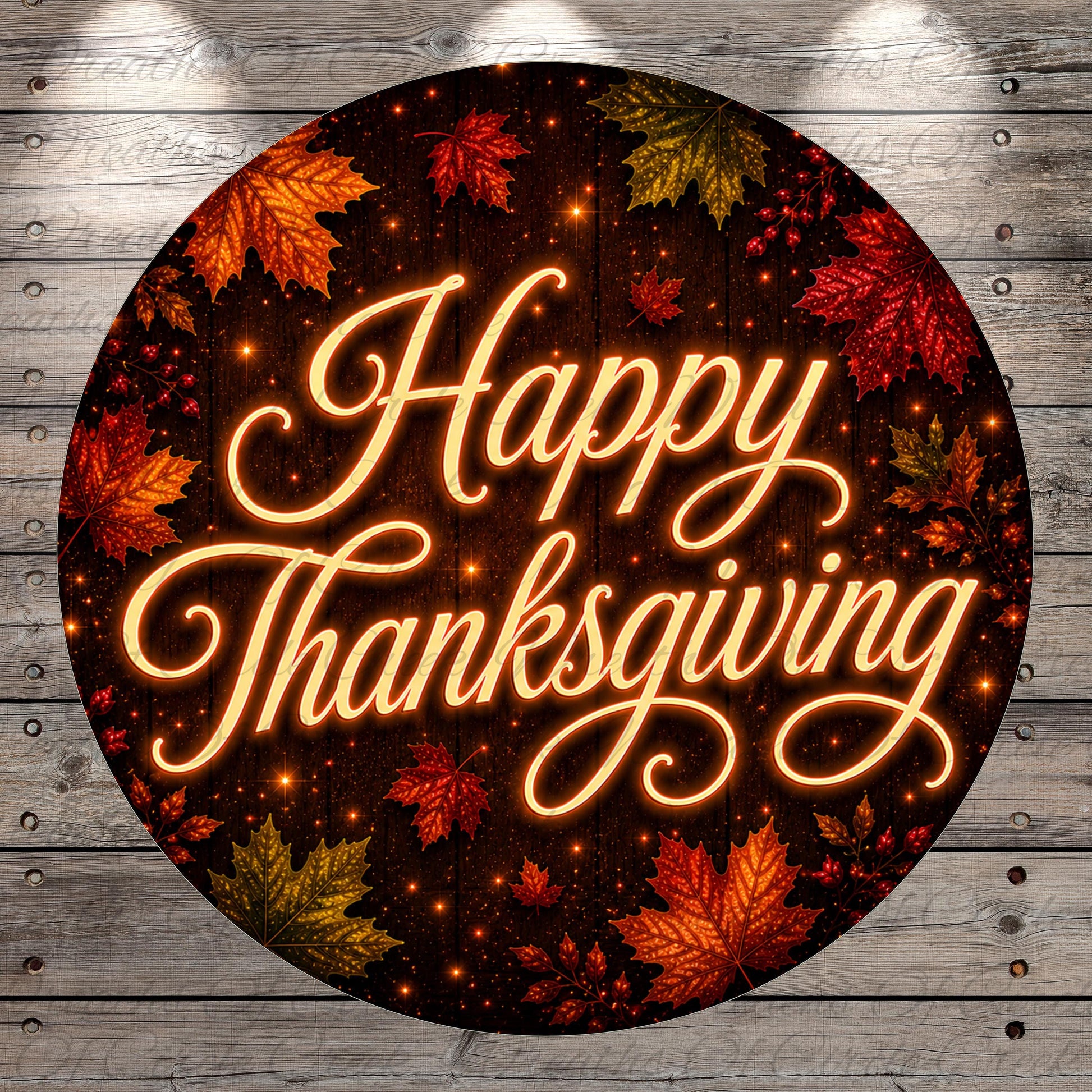 A circular graphic with the text "Happy Thanksgiving" surrounded by autumn leaves and a starry background.