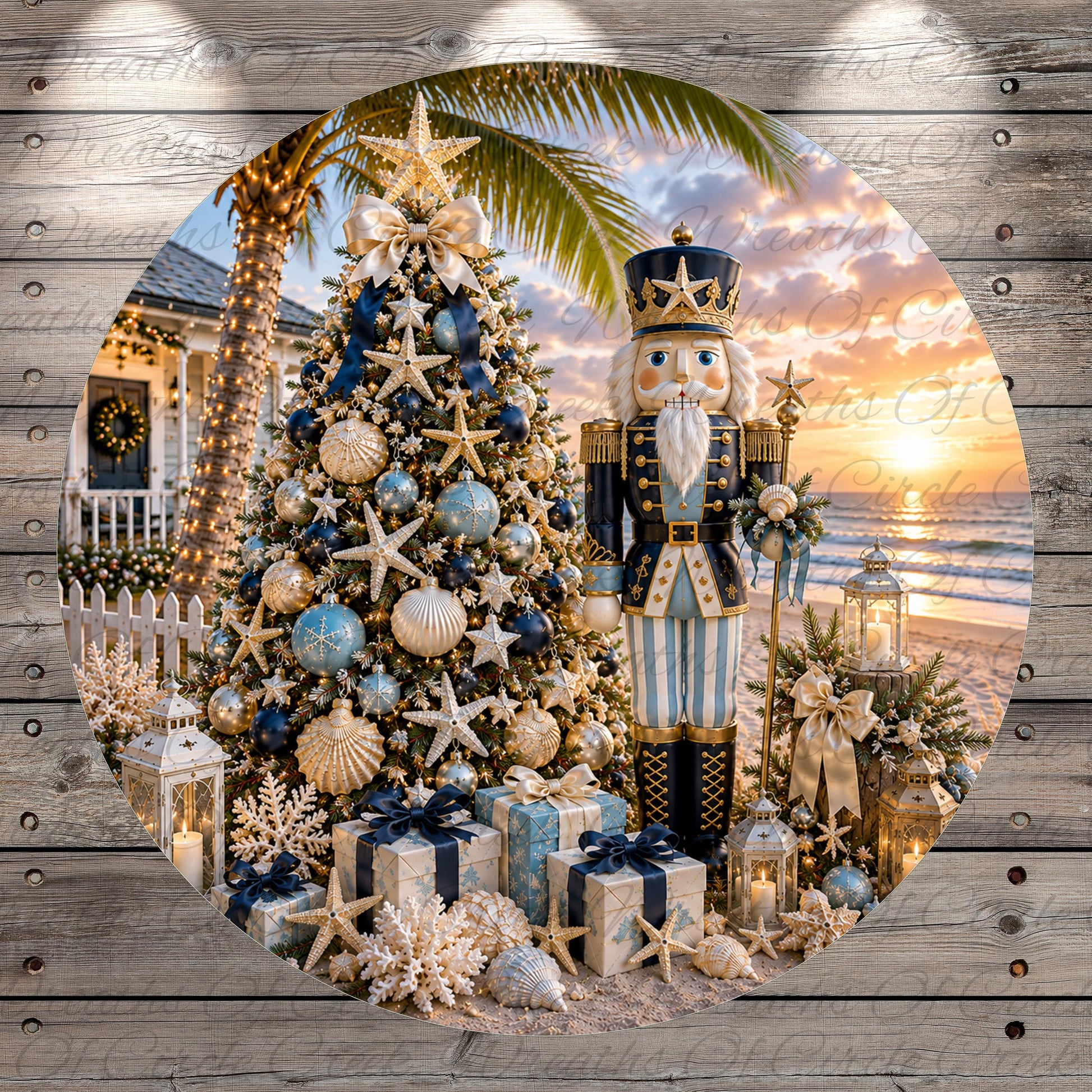 A beautifully decorated Christmas tree adorned with blue and gold ornaments, surrounded by presents and a nutcracker figure, set against a backdrop of palm trees and a sunset over the ocean.