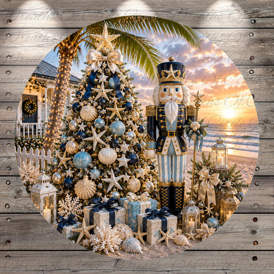 A beautifully decorated Christmas tree adorned with blue and gold ornaments, surrounded by presents and a nutcracker figure, set against a backdrop of palm trees and a sunset over the ocean.