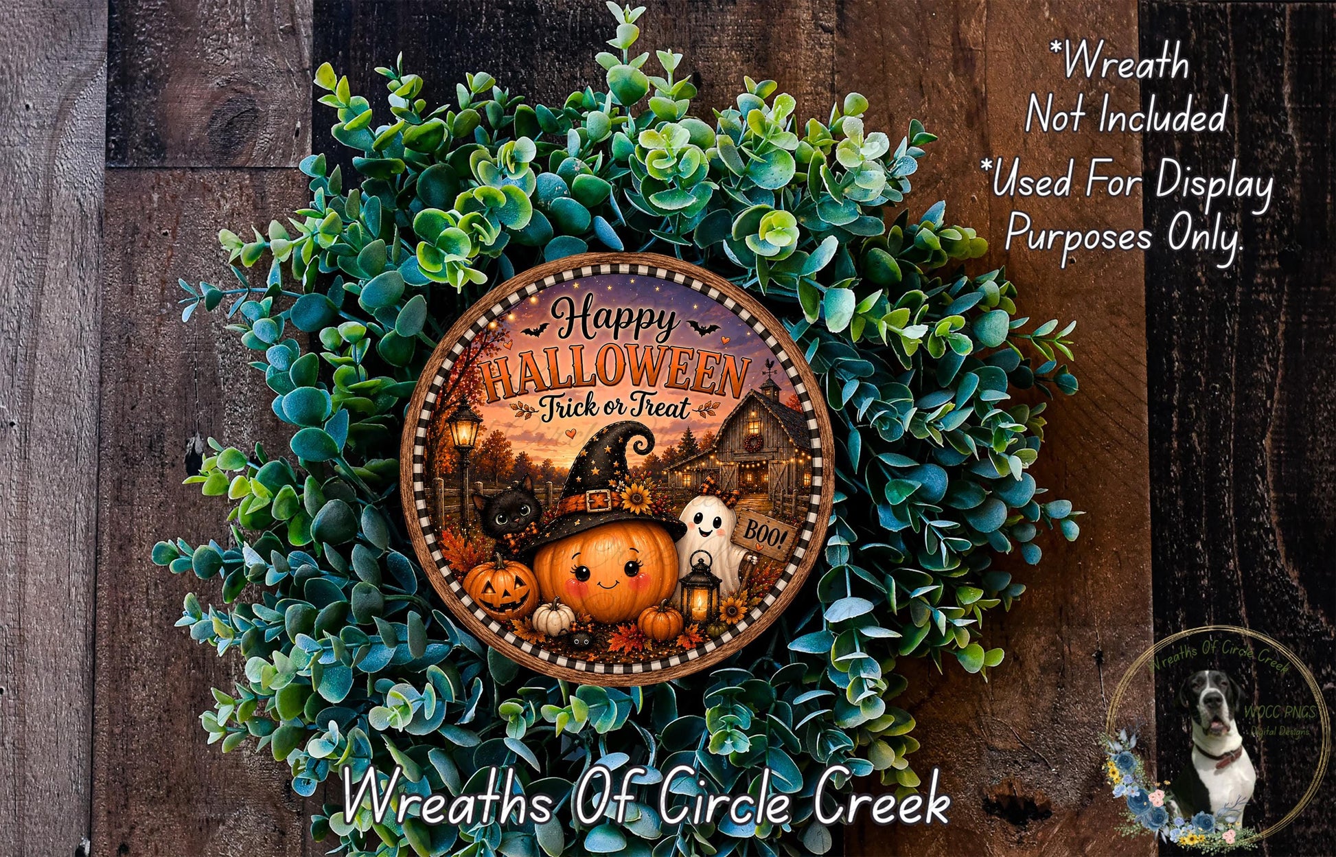 A Halloween-themed wreath made of green foliage and featuring a pumpkin, ghost, and other spooky elements. The wreath is displayed on a wooden surface, and there is a text overlay that reads "Happy Halloween Trick or Treat" and "Wreath Not Included * Used For Display Purposes Only".