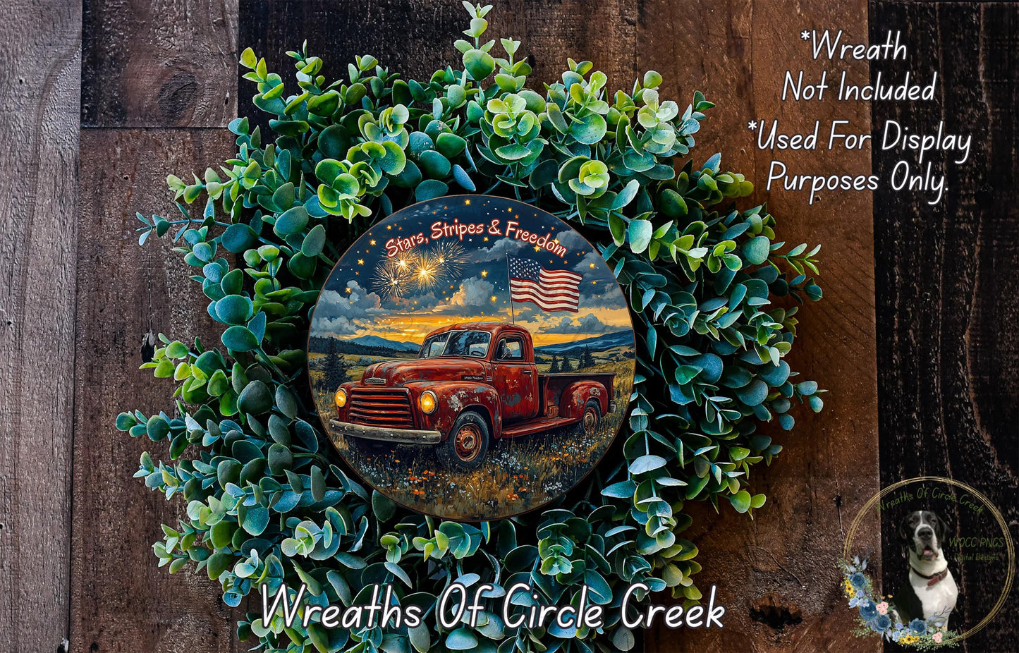 a wreath with a red truck painted on it