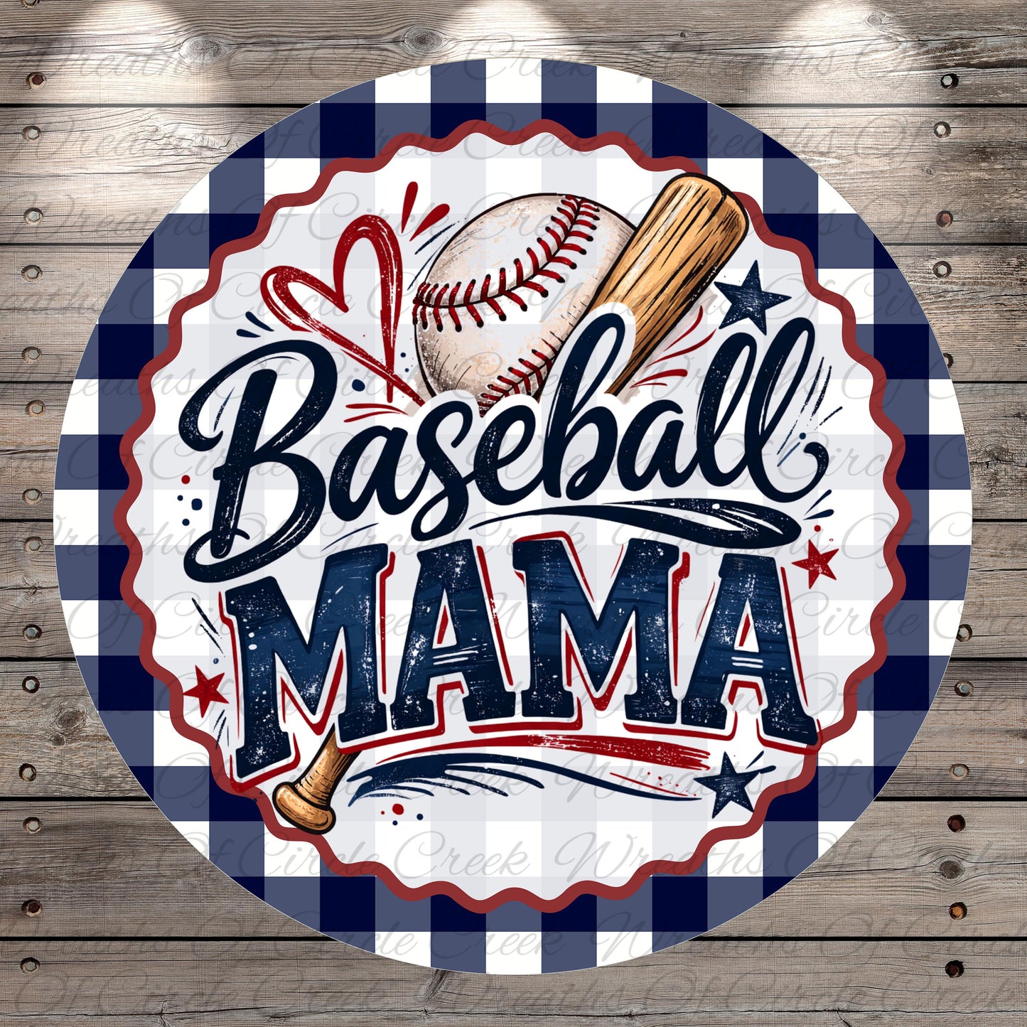 A round sign with the text "Baseball MAMA" and various baseball-related elements, such as a baseball, bat, and ball, all set against a blue and white checkered background.